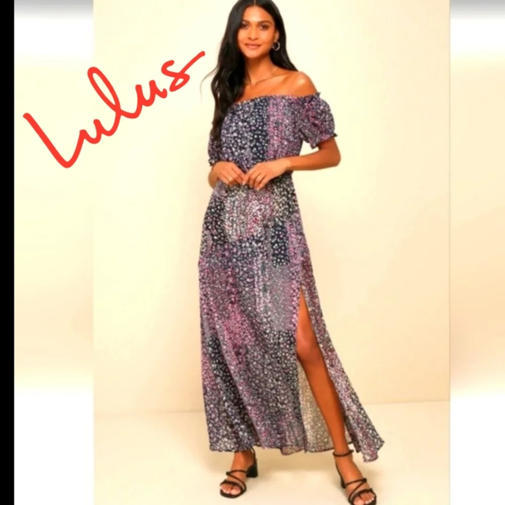 Lulus Neva Navy Blue Floral Print Off-the-Shoulder Maxi Dress Mini-Lined MED NWT - Picture 11 of 11